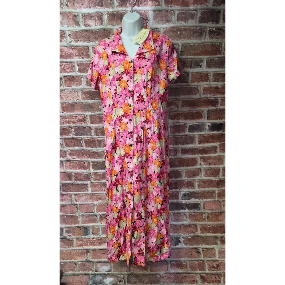 Women's WHITE STAG Vintage Pink Floral Button Front Maxi Dress Size Large 12/14